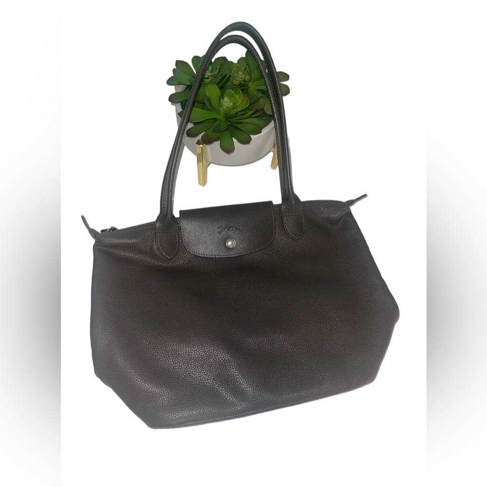 Longchamp Medium Le Pliage Shoulder Tote Charcoal Grey Leather GORGEOUS